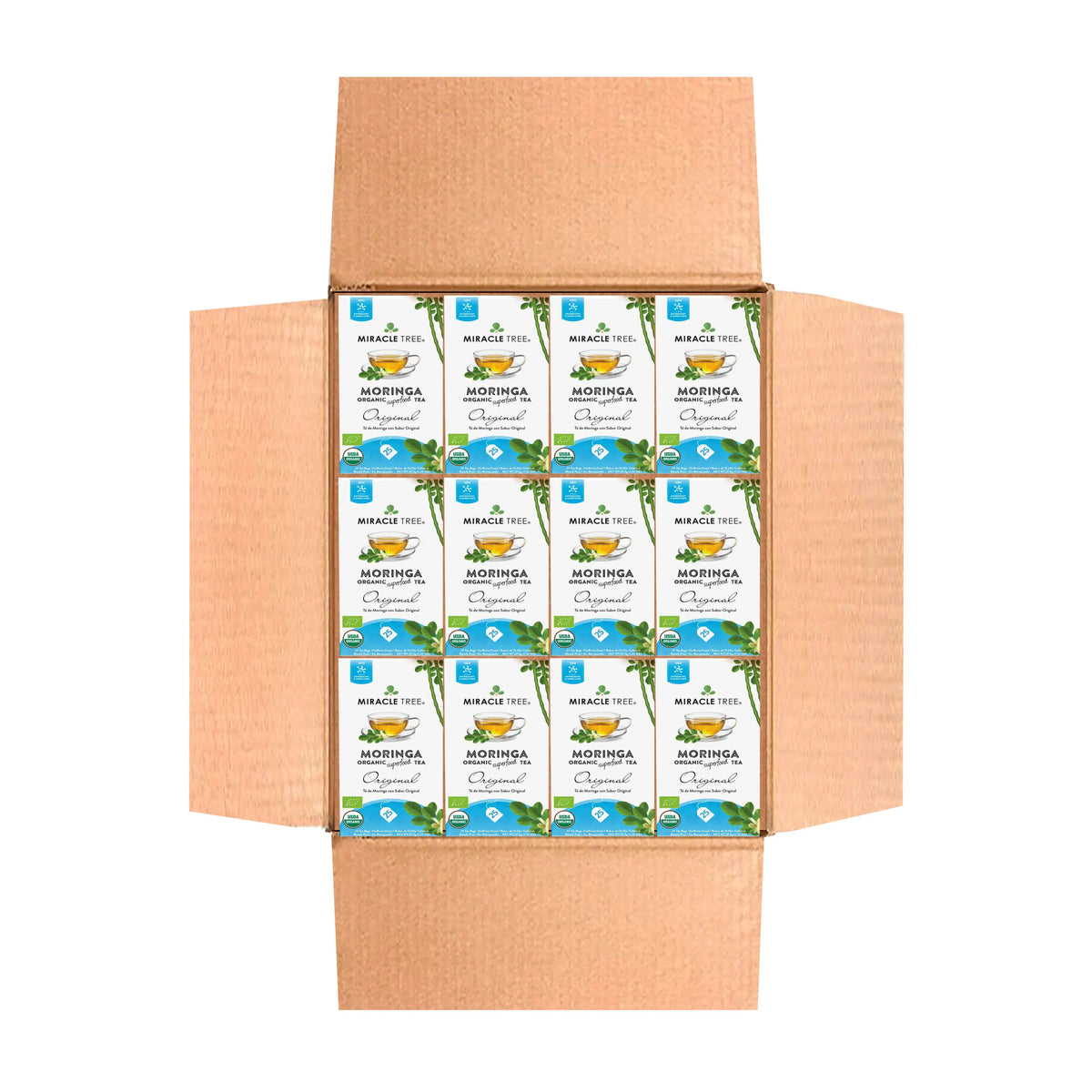 Cardboard tea multipack with rows of Miracle Tree Moringa original tea boxes