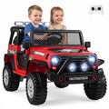 Red 2-seater kids ride-on car with working headlights, two children seated, and steering wheel.