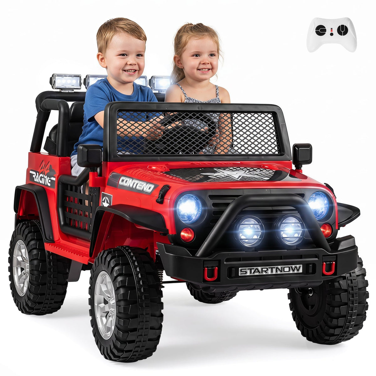 Red 2-seater kids ride-on car with working headlights, two children seated, and steering wheel.