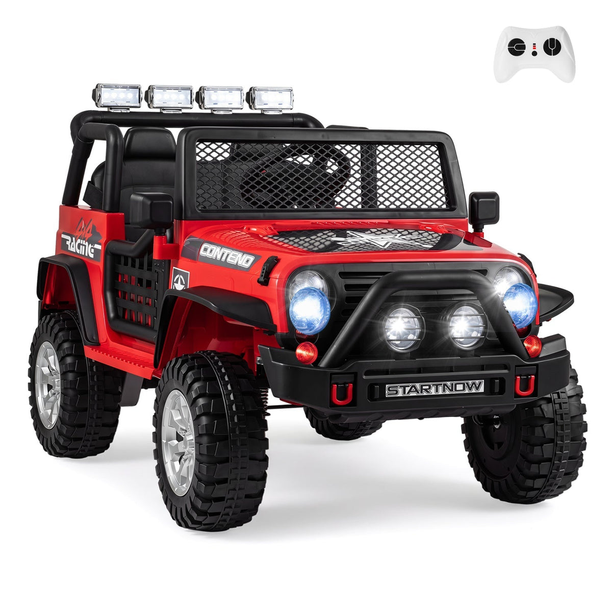 Red kids ride-on car front with black grille, mesh roof, round headlights, and chunky tires.