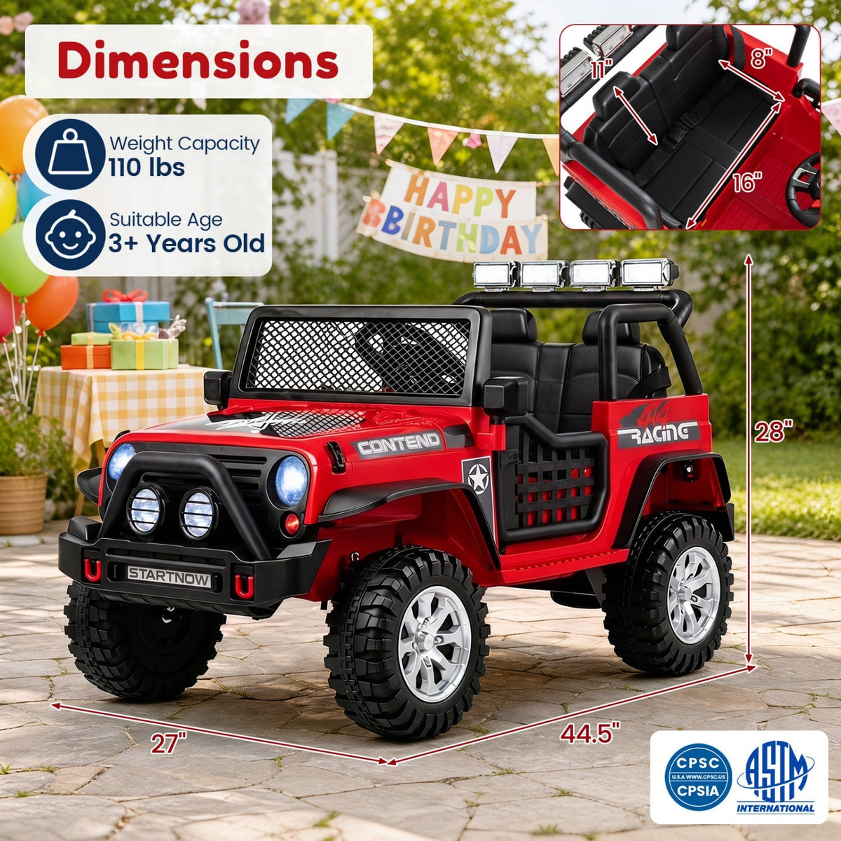 Red 2-seater kids ride-on car with open doors, black seat backs, and large silver wheels.