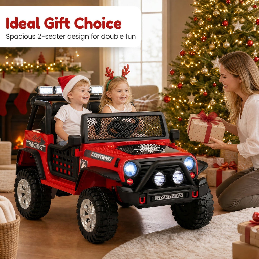 Red kids ride-on car indoors with two children seated, front lights, and safety doors.
