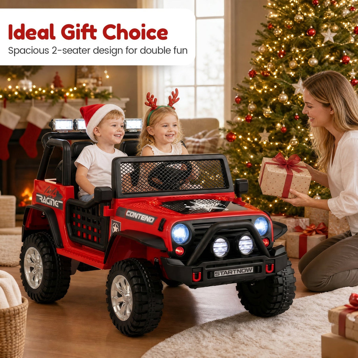 Red kids ride-on car indoors with two children seated, front lights, and safety doors.