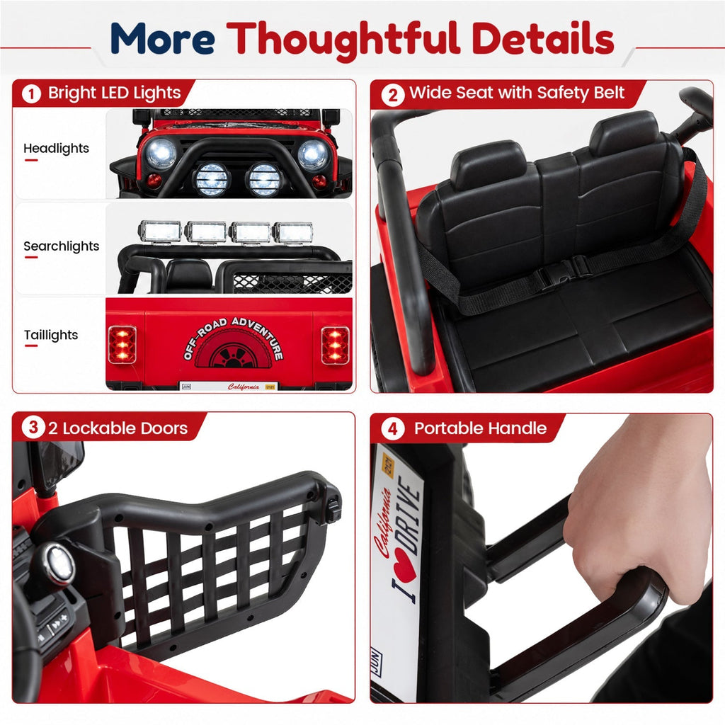 Red kids ride-on car detail: LED lights, wide two-seat bench with safety belt, handle.