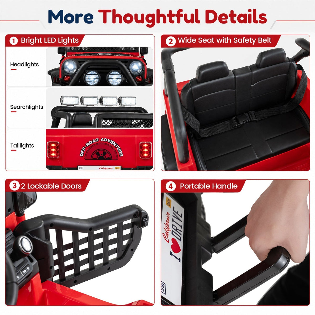 Red kids ride-on car detail: LED lights, wide two-seat bench with safety belt, handle.
