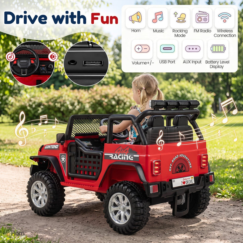Red kids ride-on car with steering wheel, mesh windshield, and rear control panel.