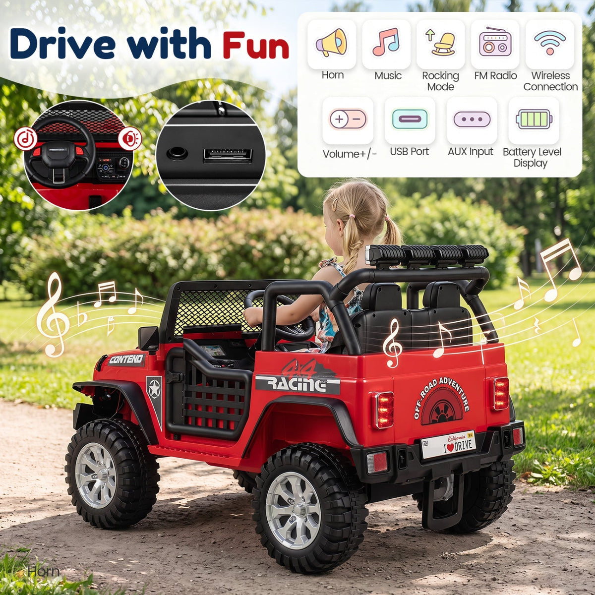 Red kids ride-on car with steering wheel, mesh windshield, and rear control panel.