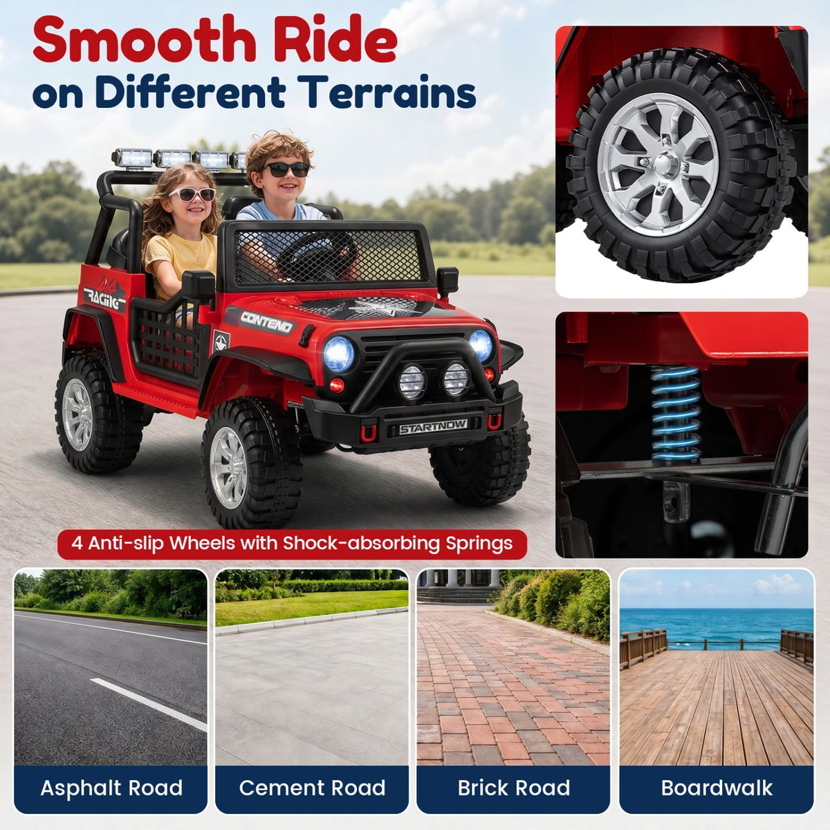 Red kids ride-on car with large tread tires, silver rims, and shock-absorbing springs.