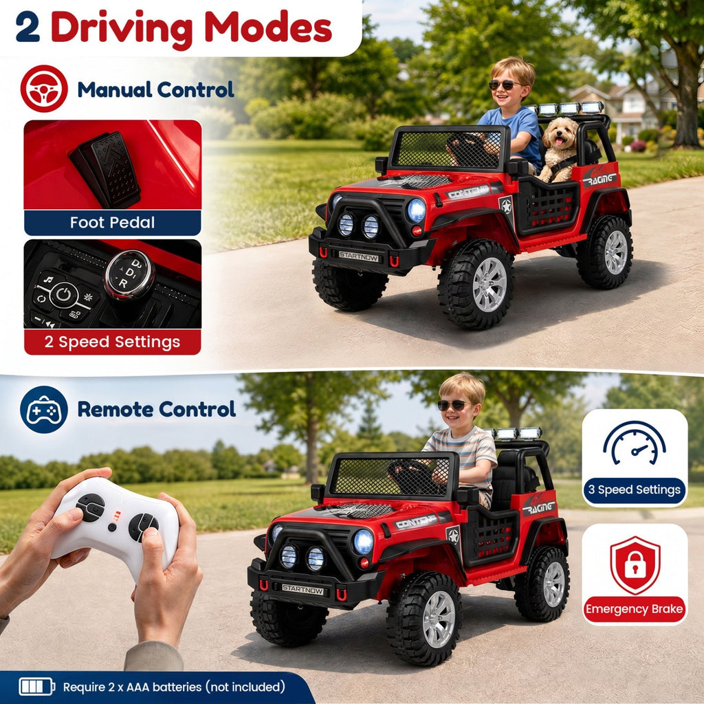 Red kids ride-on car with remote control and foot pedal, emergency brake feature.