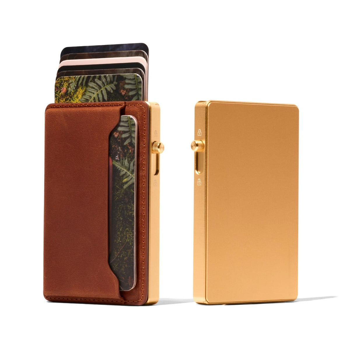 Mod wallet with brown leather cardholder and gold metal frame, slim card case