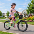 Kids 12-inch green bike with training wheels, front basket, and handlebar lights