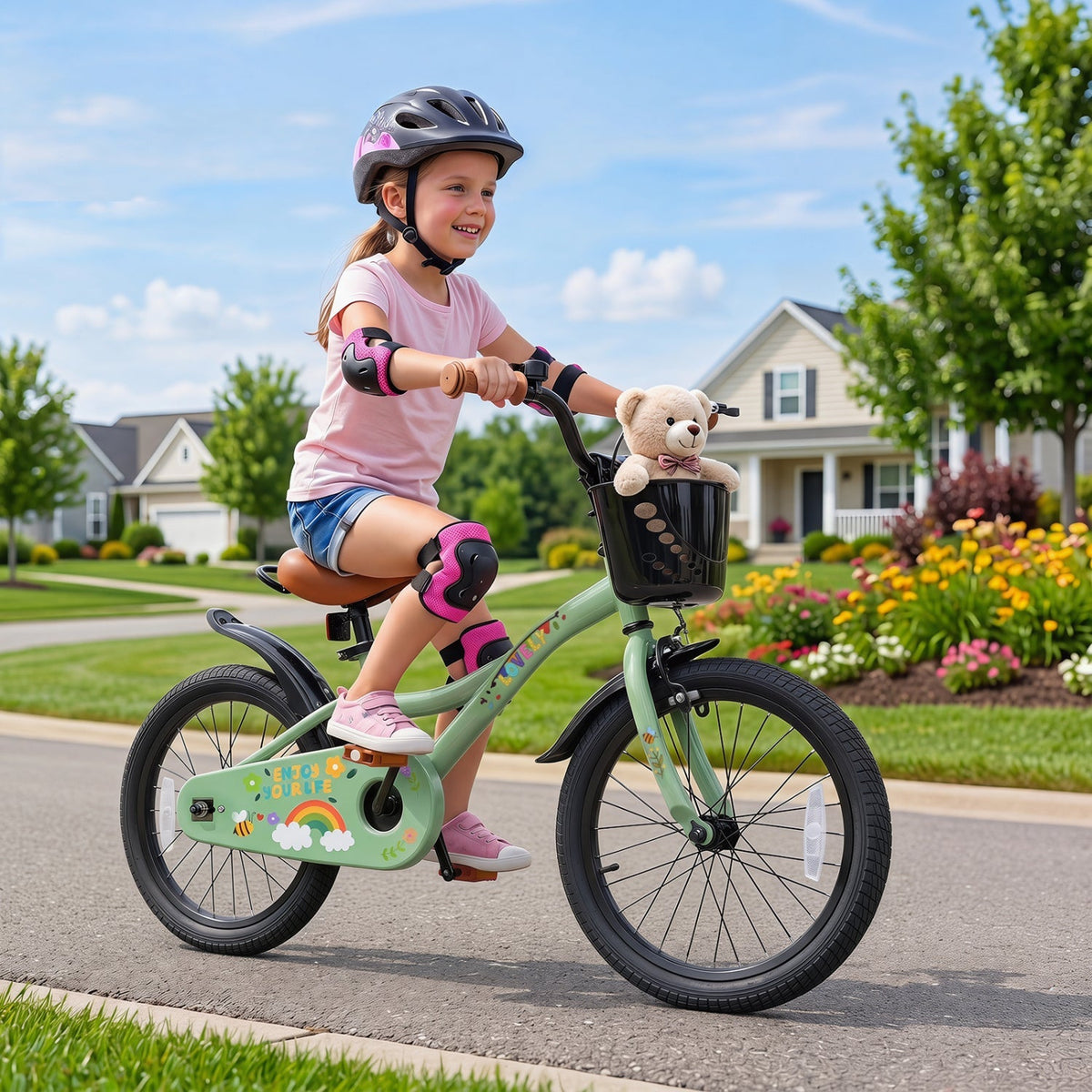 Kids 12-inch green bike with training wheels, front basket, and handlebar lights
