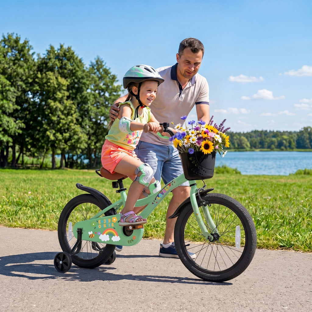 Green kids’ 12-inch bike with front basket and training wheels, rider with parent