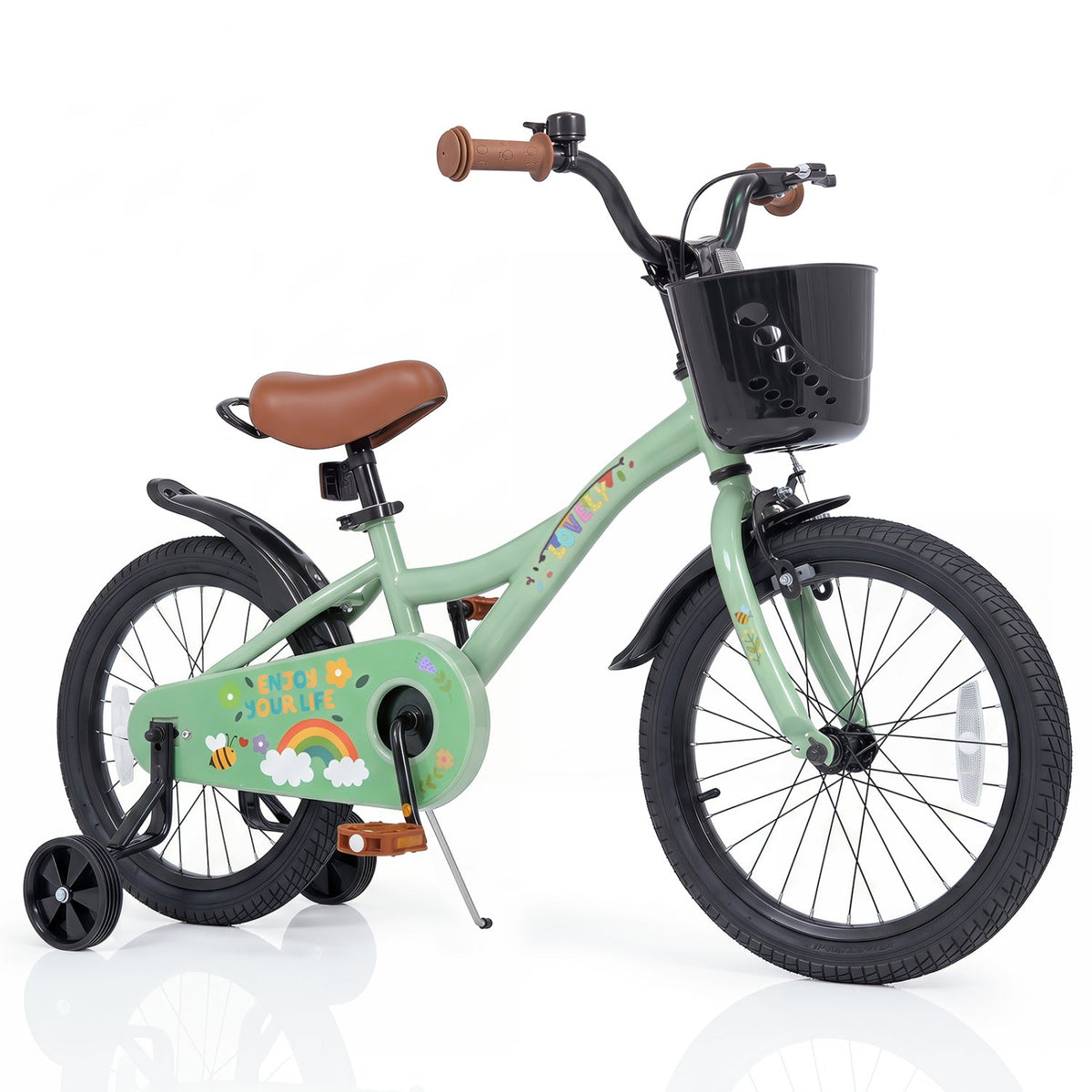 Green 12-inch kids bike with black training wheels and front handlebar basket