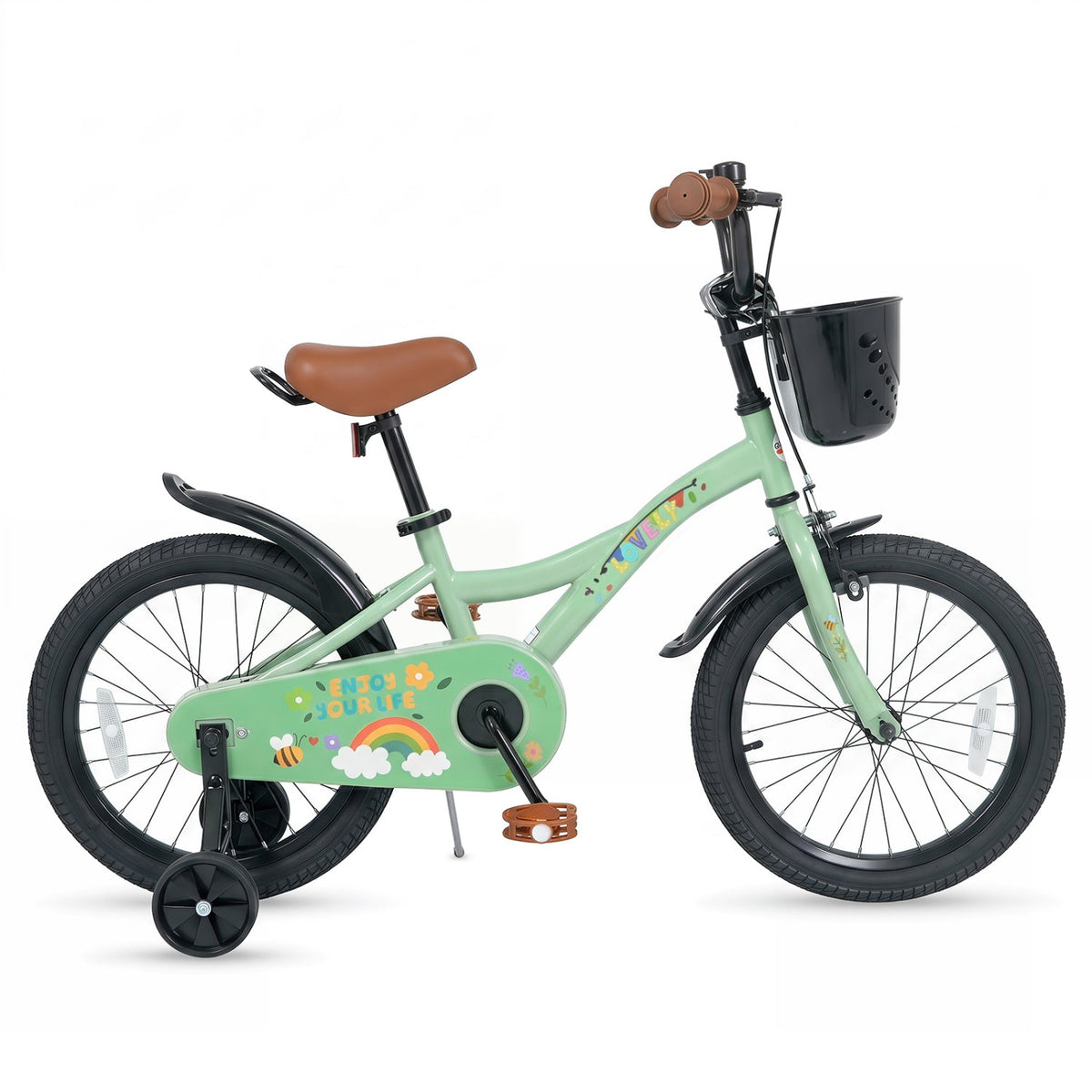 Green 12-inch kids bike with brown saddle and front basket, side view