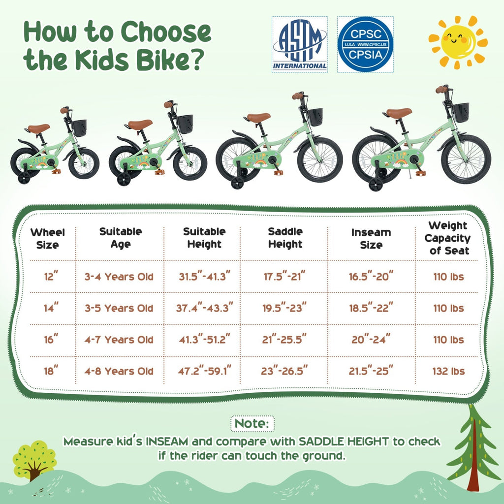 Kids bike size chart graphic with green 12-inch bicycle illustrations and weight limits