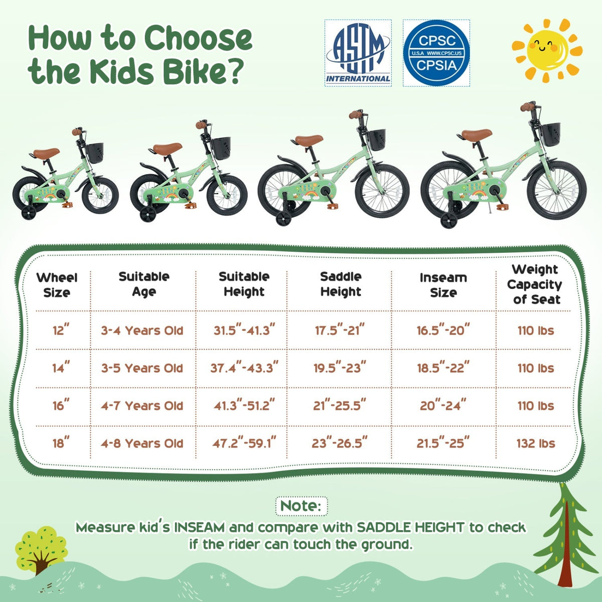 Kids bike size chart graphic with green 12-inch bicycle illustrations and weight limits