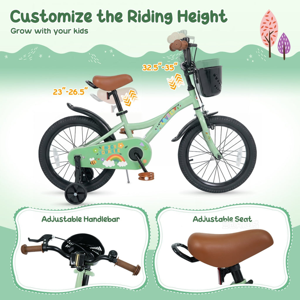 Kids bike height-adjustment graphic showing green 12-inch bicycle and adjustable seat