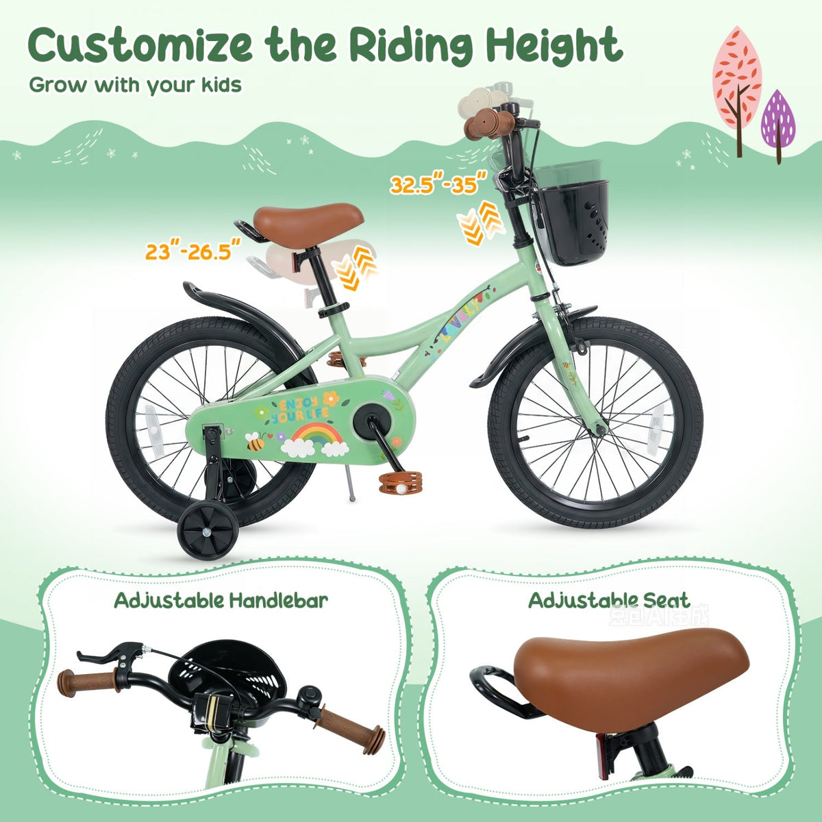 Kids bike height-adjustment graphic showing green 12-inch bicycle and adjustable seat