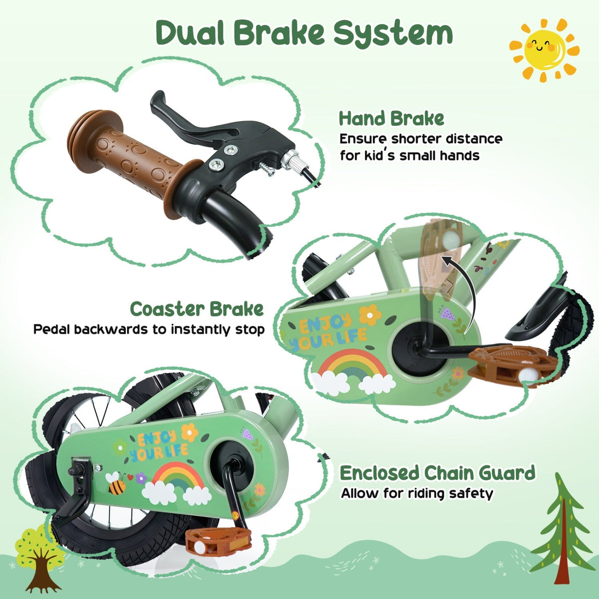 Kids bike safety features graphic showing green 12-inch bicycle with brakes and chain guard