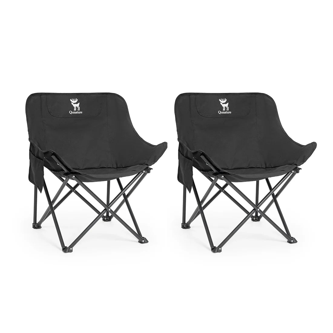 Pair of black folding camping chairs with padded seat, armrests, and steel cross-bracing