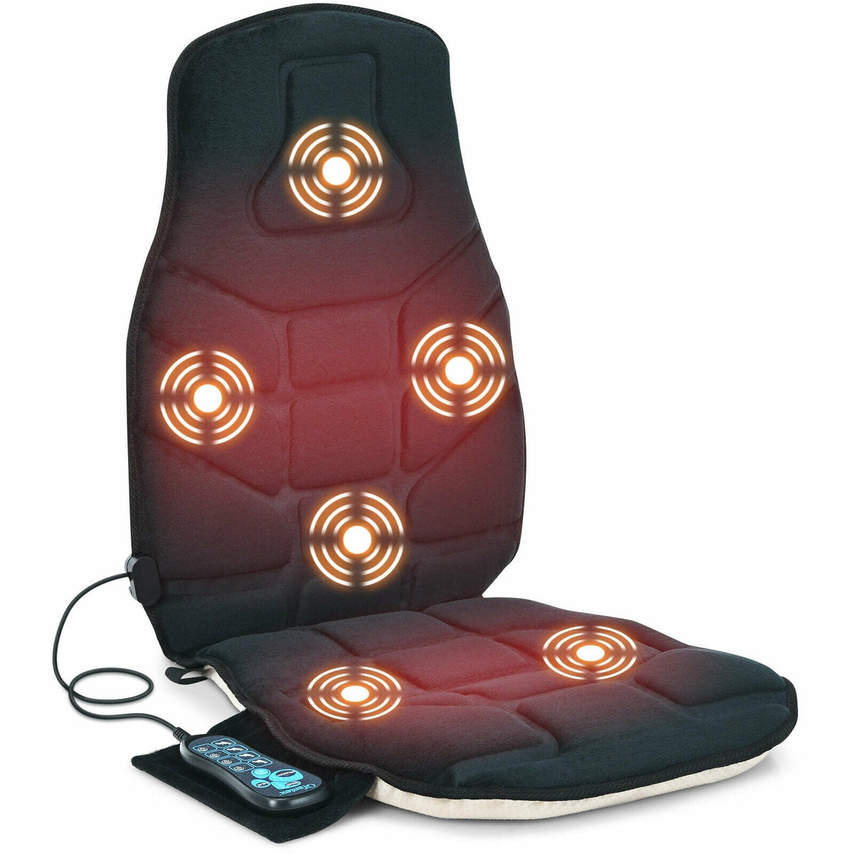 Upright back seat cushion massager with glowing massage nodes and remote panel.