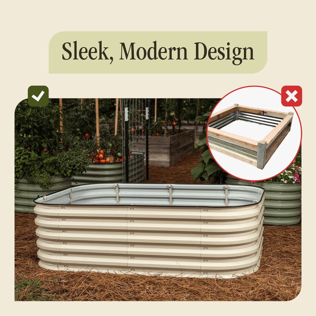 Light cream metal raised garden bed with ribbed sides in an outdoor garden