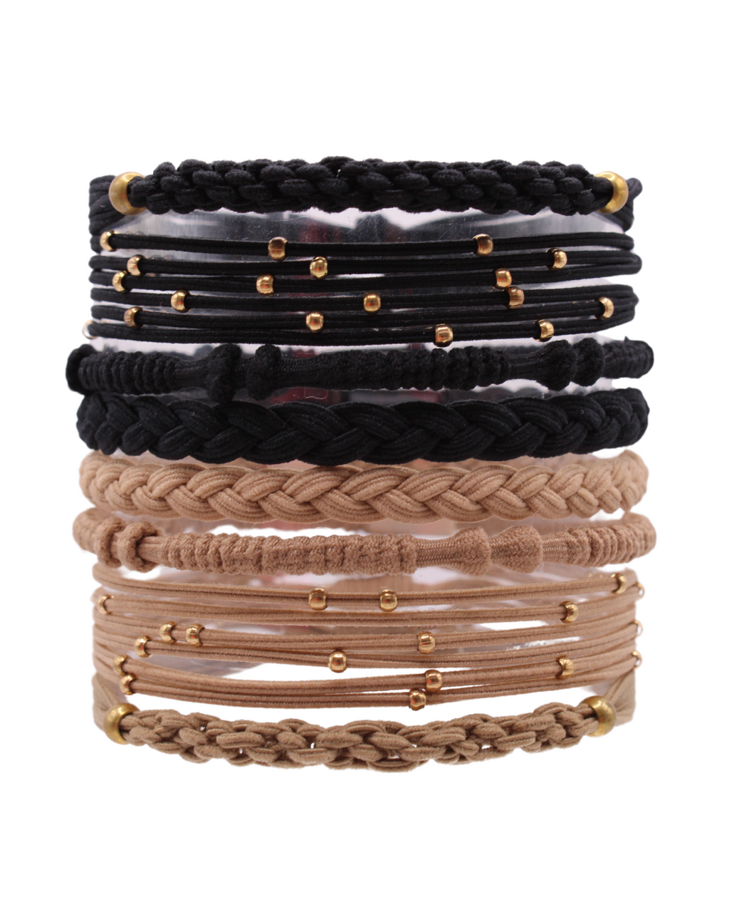 Stack of braided hair tie bracelets, black and beige with gold beads