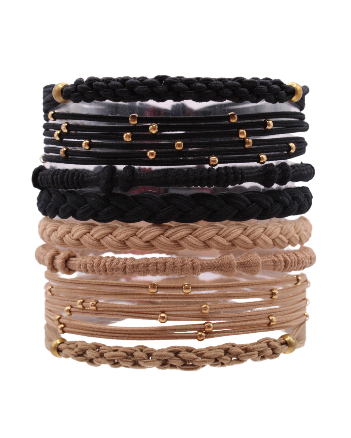 Stack of braided hair tie bracelets, black and beige with gold beads