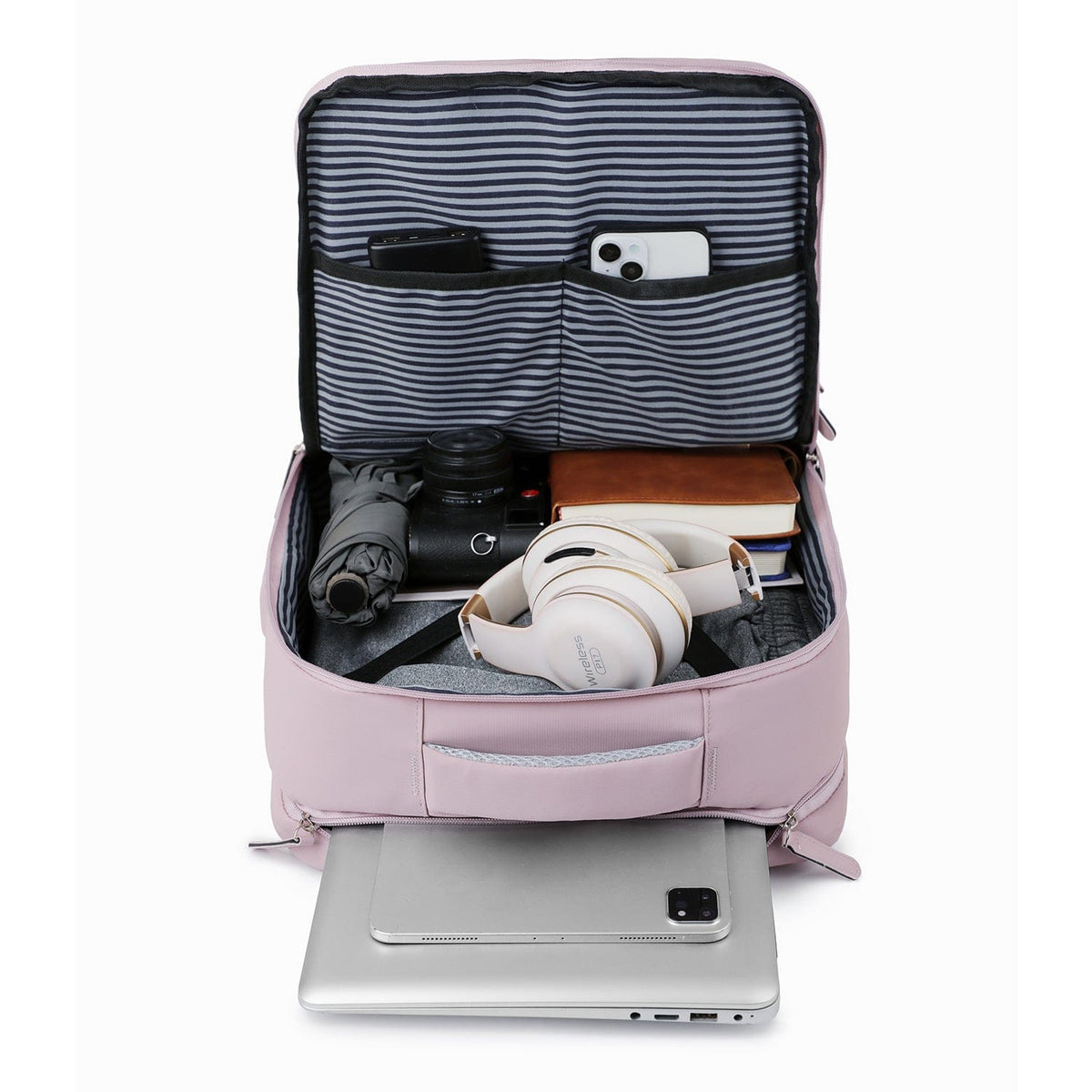 Purple travel backpack open top with striped organizer section and small device compartment