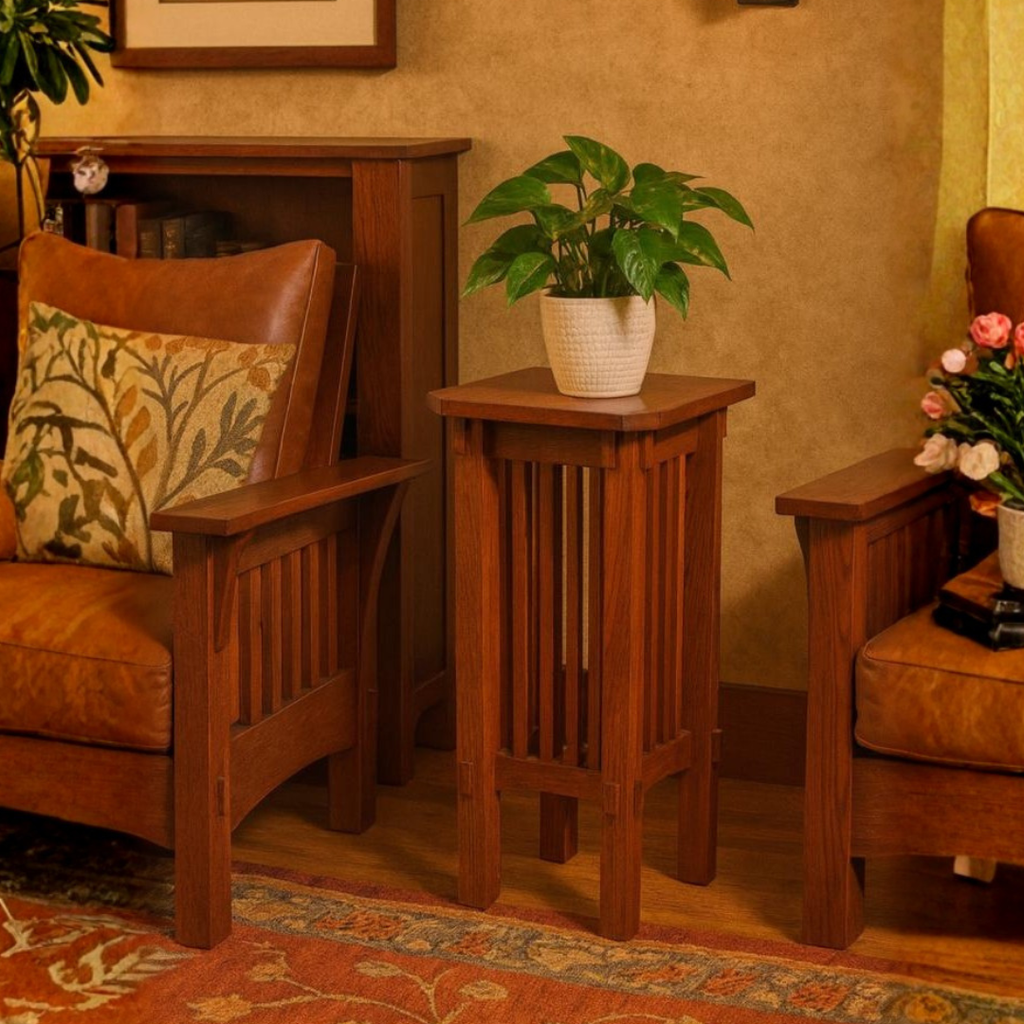 Warm wood spindle plant stand side table with square top and fluted legs