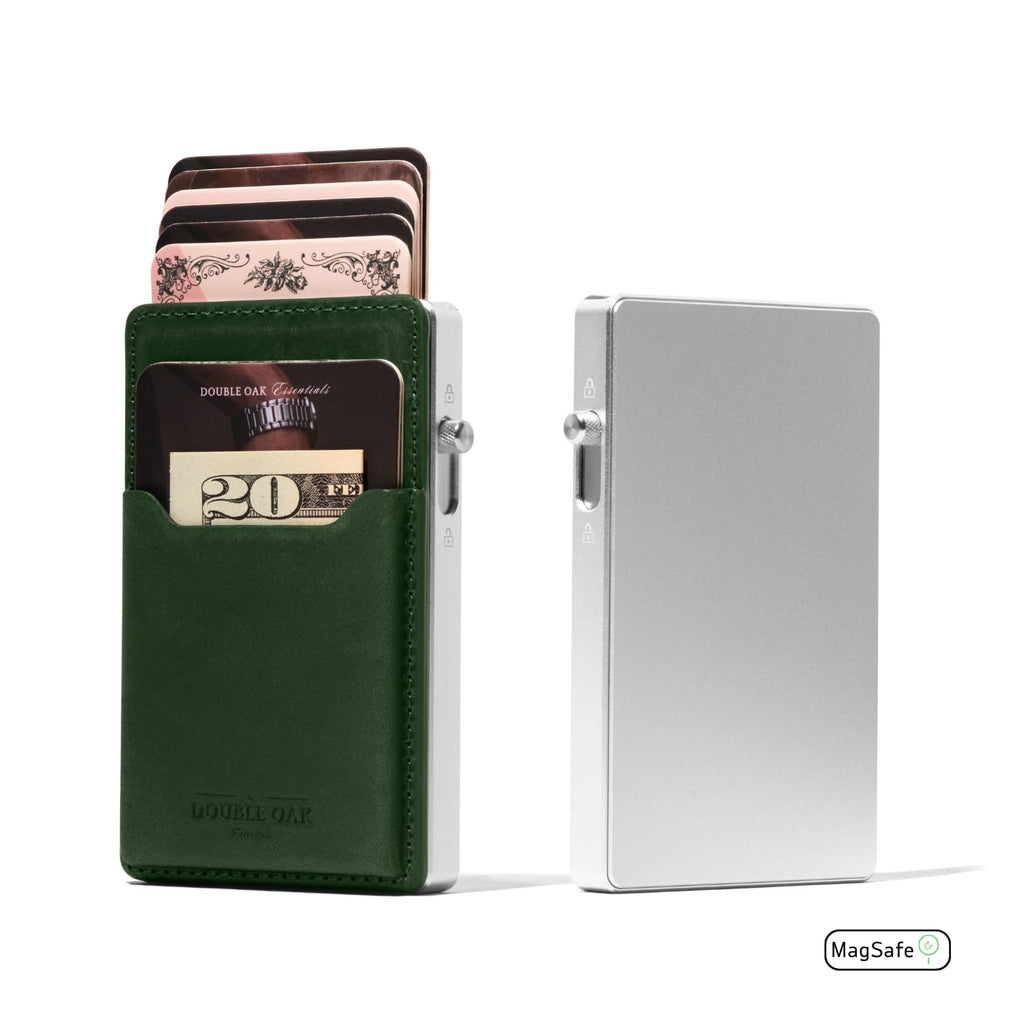 Green leather cardholder wallet with MagSafe and visible card pocket.