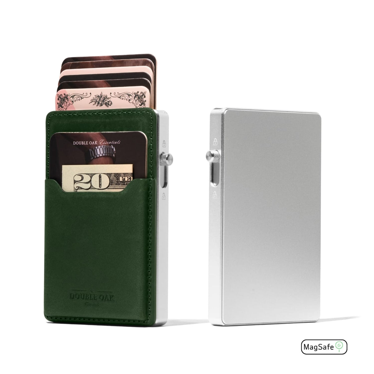 Green leather cardholder wallet with MagSafe and visible card pocket.