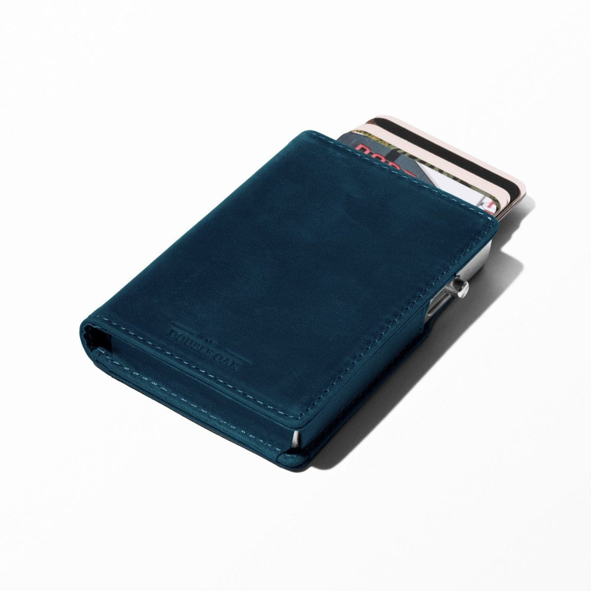 Blue bifold leather wallet with snap clasp and card slots protruding