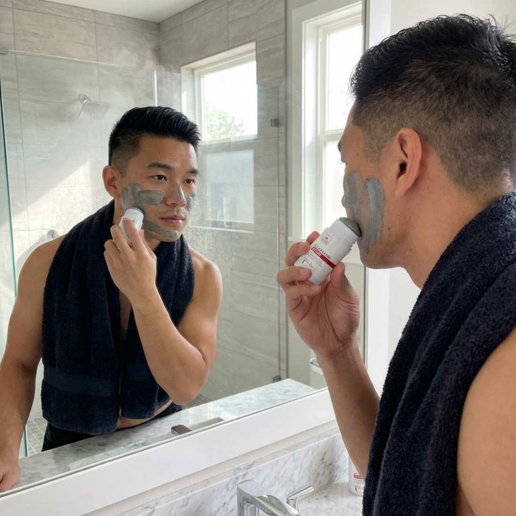 Clay mask stick shown while applying charcoal mask to face in bathroom