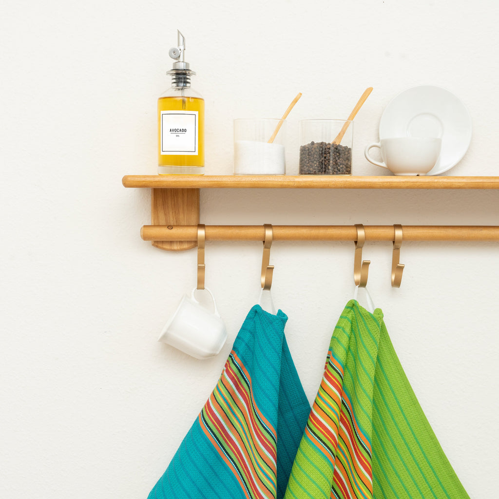 Hanging kitchen towels with teal and green multicolor stripe pattern