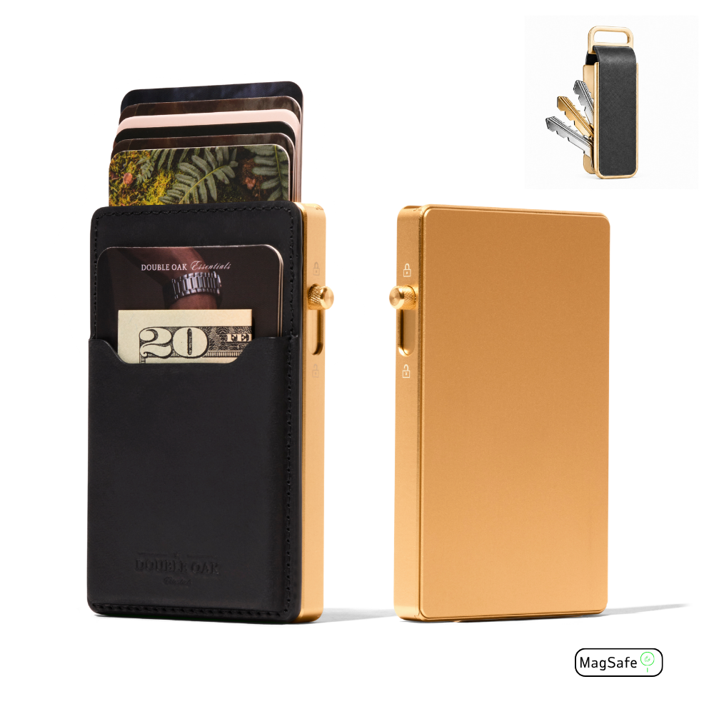 Gold leather front card wallet with cash and card slots; includes slim back plate.