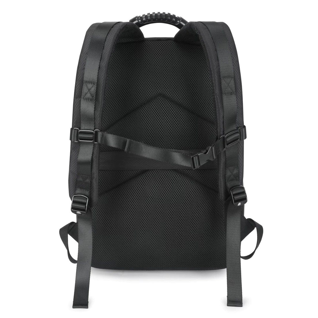 Black backpack with padded back panel and adjustable harness straps with buckles