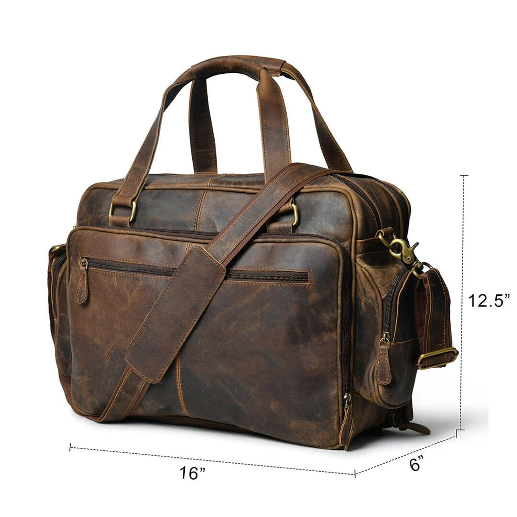 Brown leather duffel-style office briefcase with dual handles, shoulder strap, zip compartments