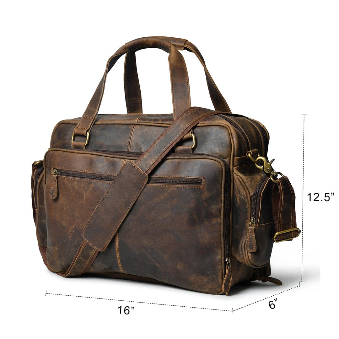 Brown leather duffel-style office briefcase with dual handles, shoulder strap, zip compartments