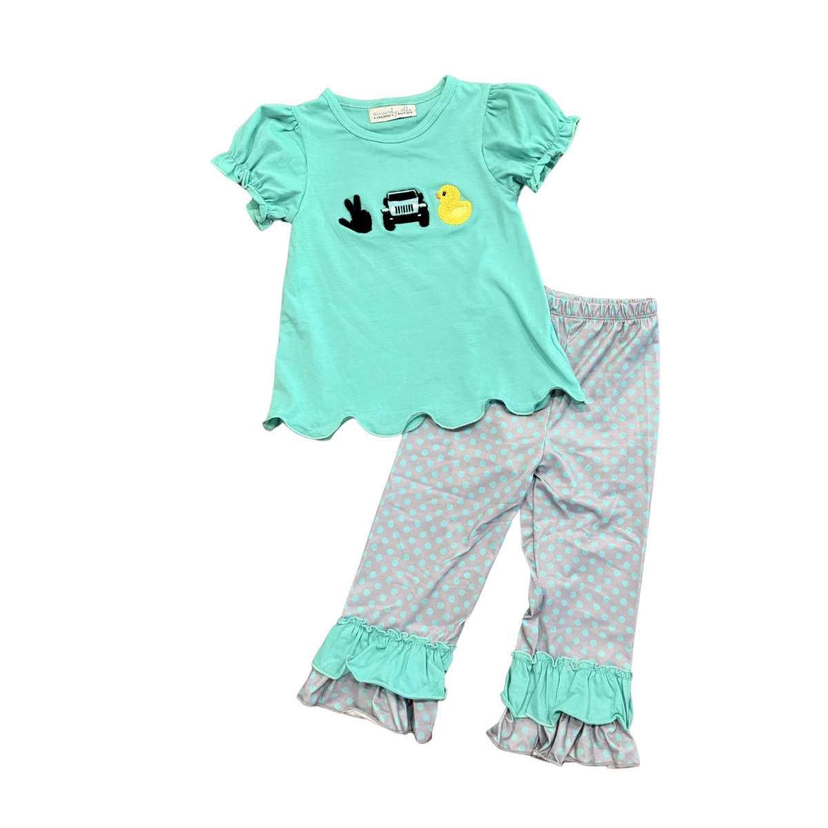 Girls' teal T-shirt and polka-dot flare pants set with ruffle cuffs and duck-and-car print