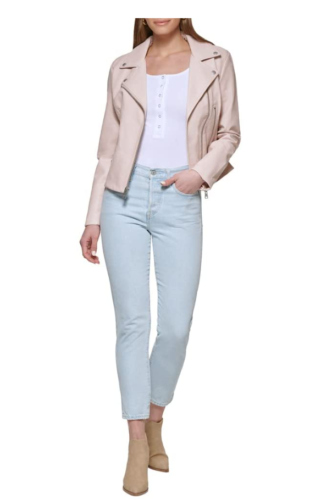 Women's faux leather asymmetrical motorcycle jacket, light peach blush with zip front
