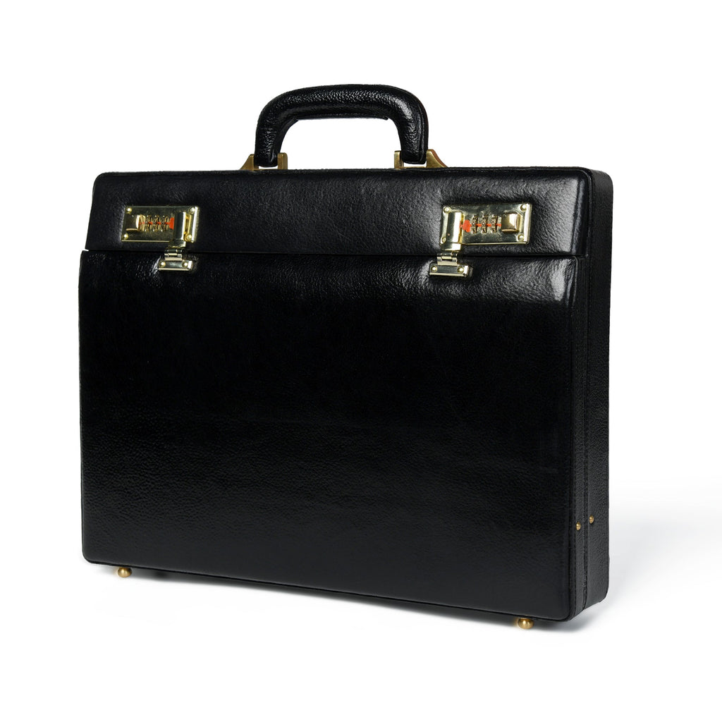 Black leather briefcase with gold-tone latches and top carry handle