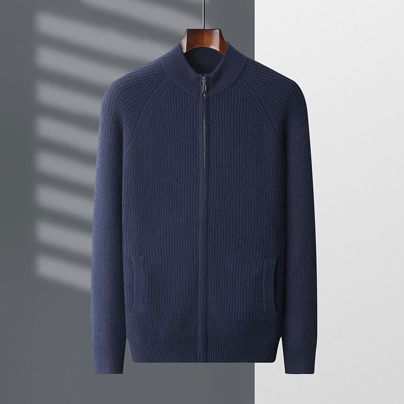 Men's half-turtleneck zipper knit cardigan, dark navy with ribbed knit