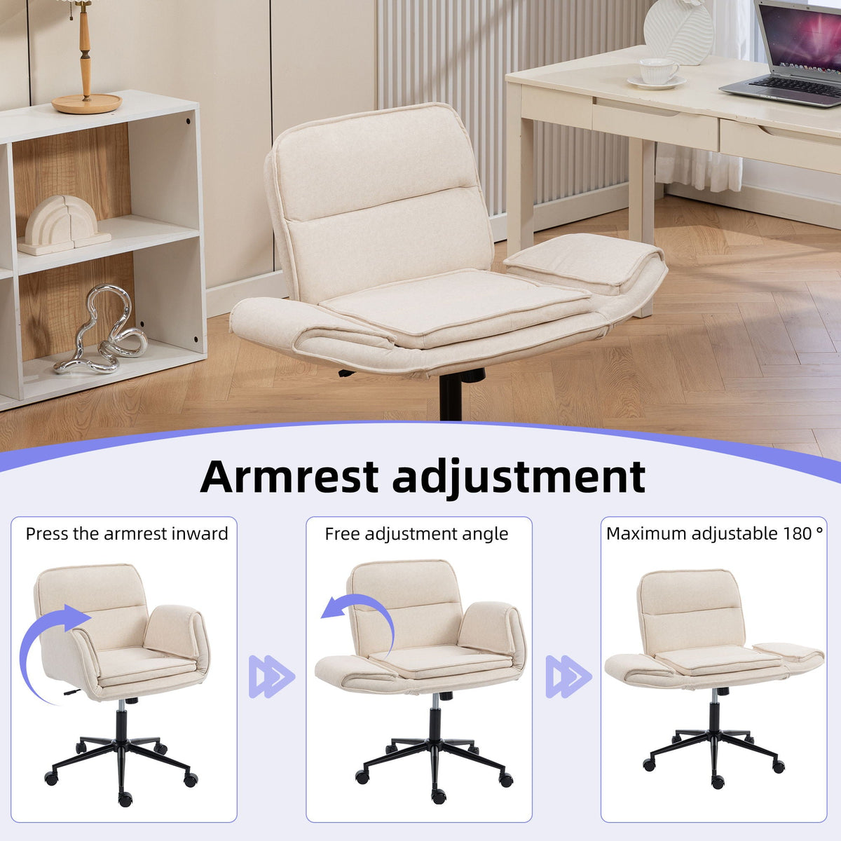 Beige fabric swivel office chair with adjustable armrests and rolling caster base