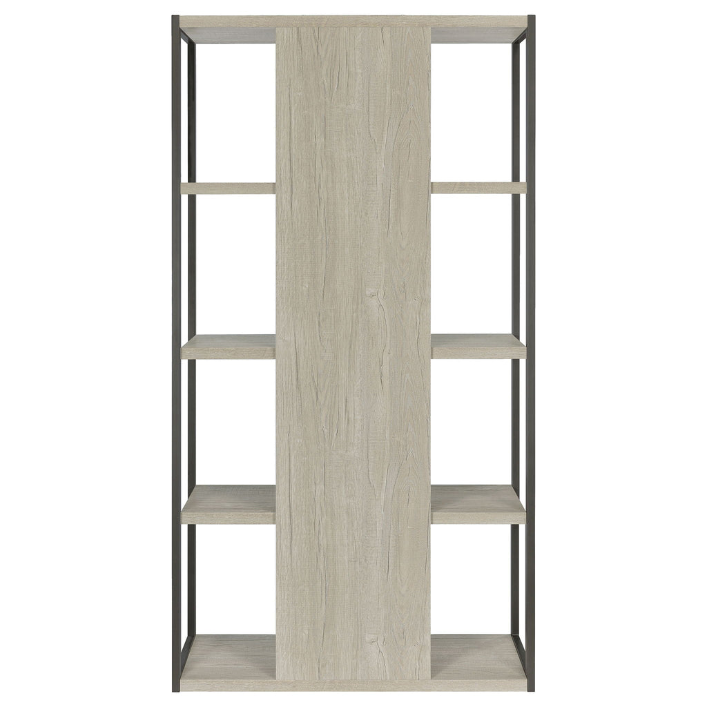 Whitewashed grey 4-shelf bookshelf front view with dark metal frame and open back