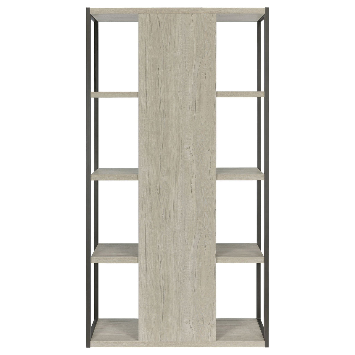 Whitewashed grey 4-shelf bookshelf front view with dark metal frame and open back