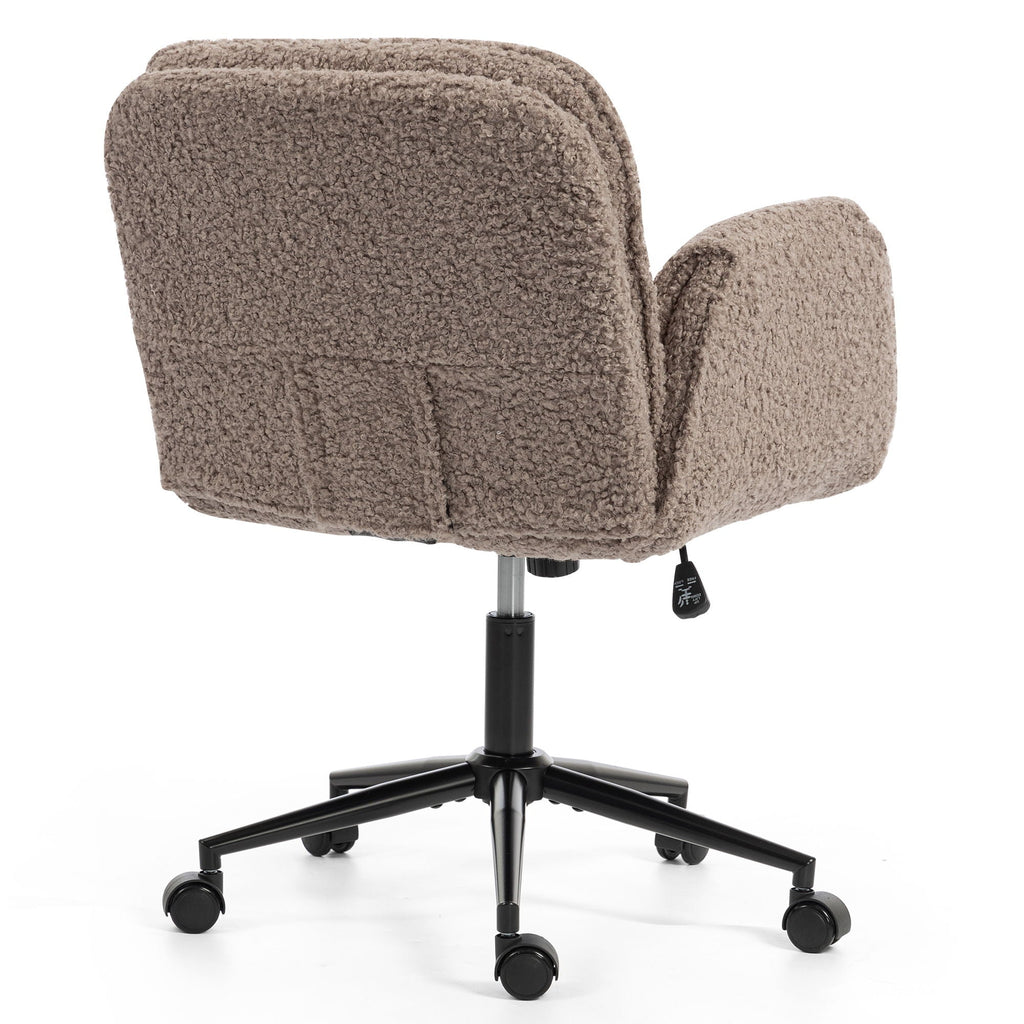 Dark brown textured fabric swivel desk chair with padded armrests and rolling casters