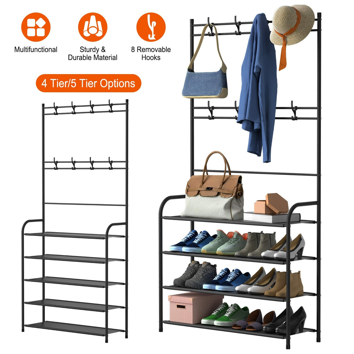 Black metal hall tree organizer with removable hooks and a five-tier shoe rack