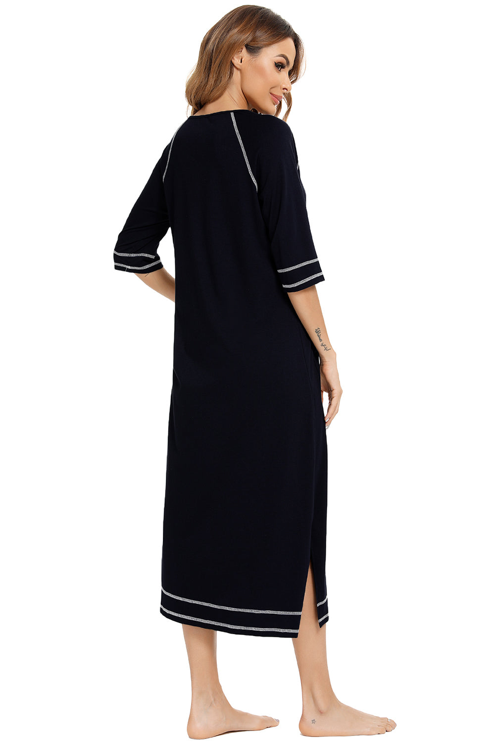 Black zip-up night dress with round neck, contrast trim, and back slit hem